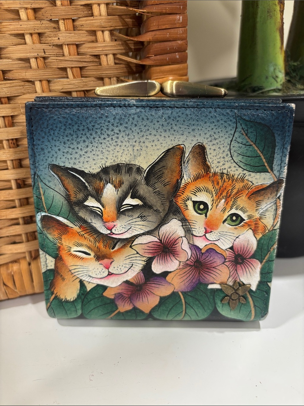 Anna by Anuschka Three Kittens Two-Fold Wallet w/French Clasp Coin Pocket - 1912
